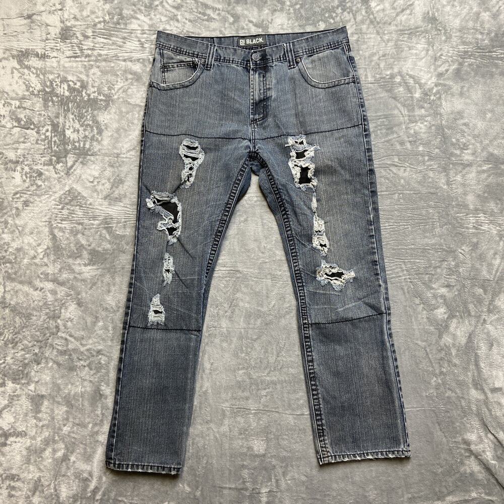 CJ Black Slim Straight Jeans Men’s 38x32 Denim Black Light Wash‎ Distressed